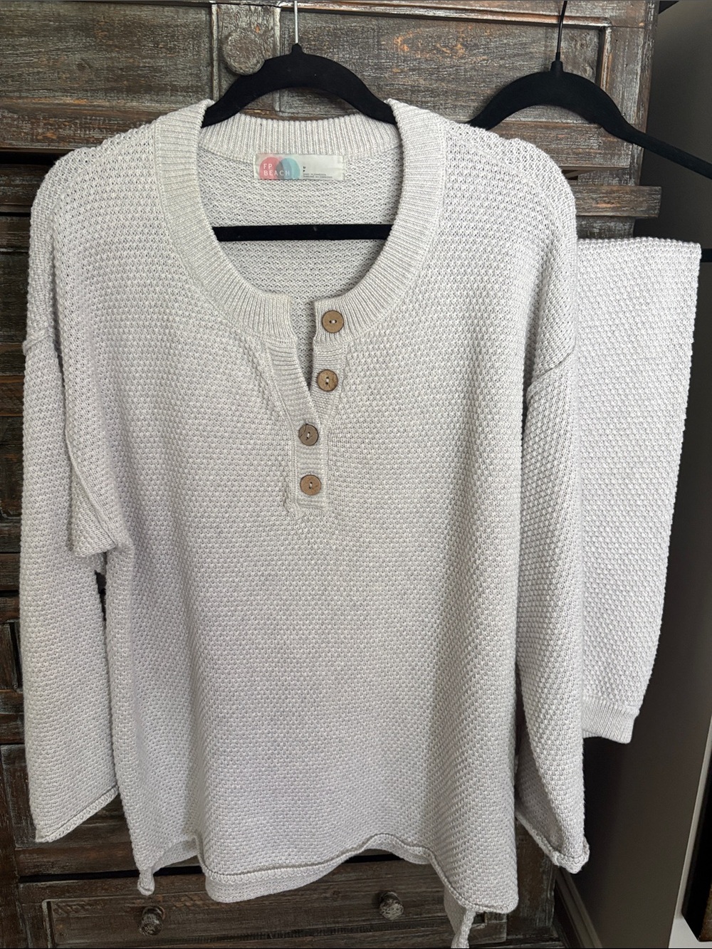 Free People Cream Waffle-Knit Hailee Henley Pullover and Wide Leg Pants
